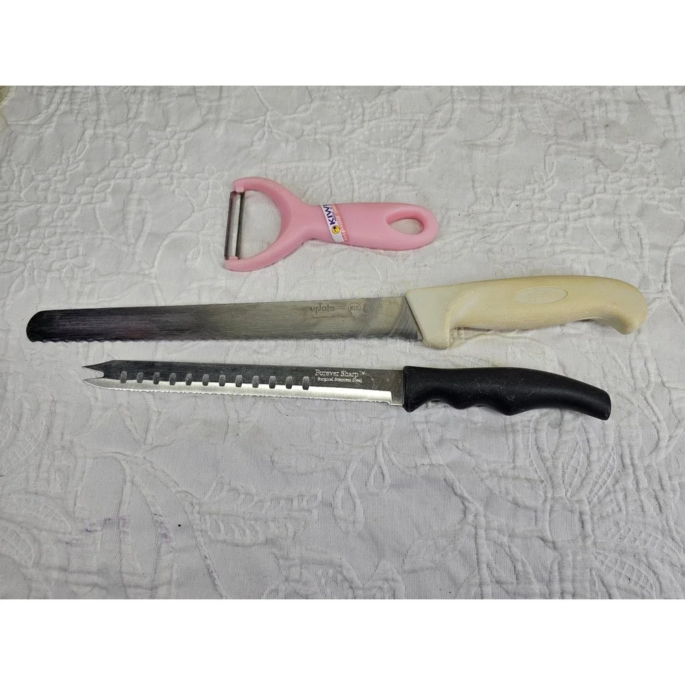 Forever Sharp Update Kiwi Knife Peeler Set 3pc Pink Black Cream Good Serrated